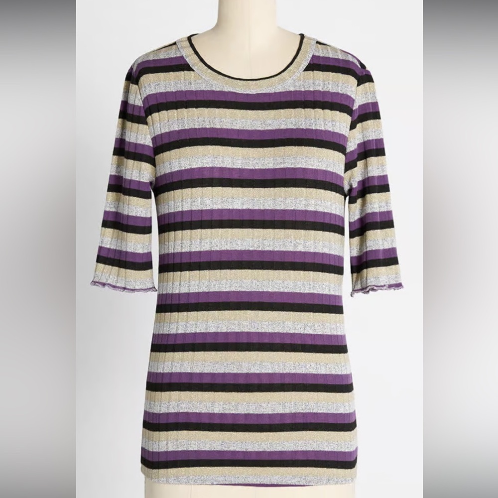 ModCloth Lets Go for a Drive Ribbed Top gold, purple and grey Stripes